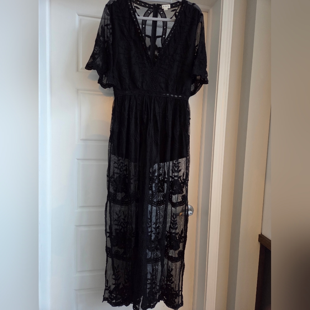 POL Beautiful Sexy Black Lace Maxi Dress Over Shorts